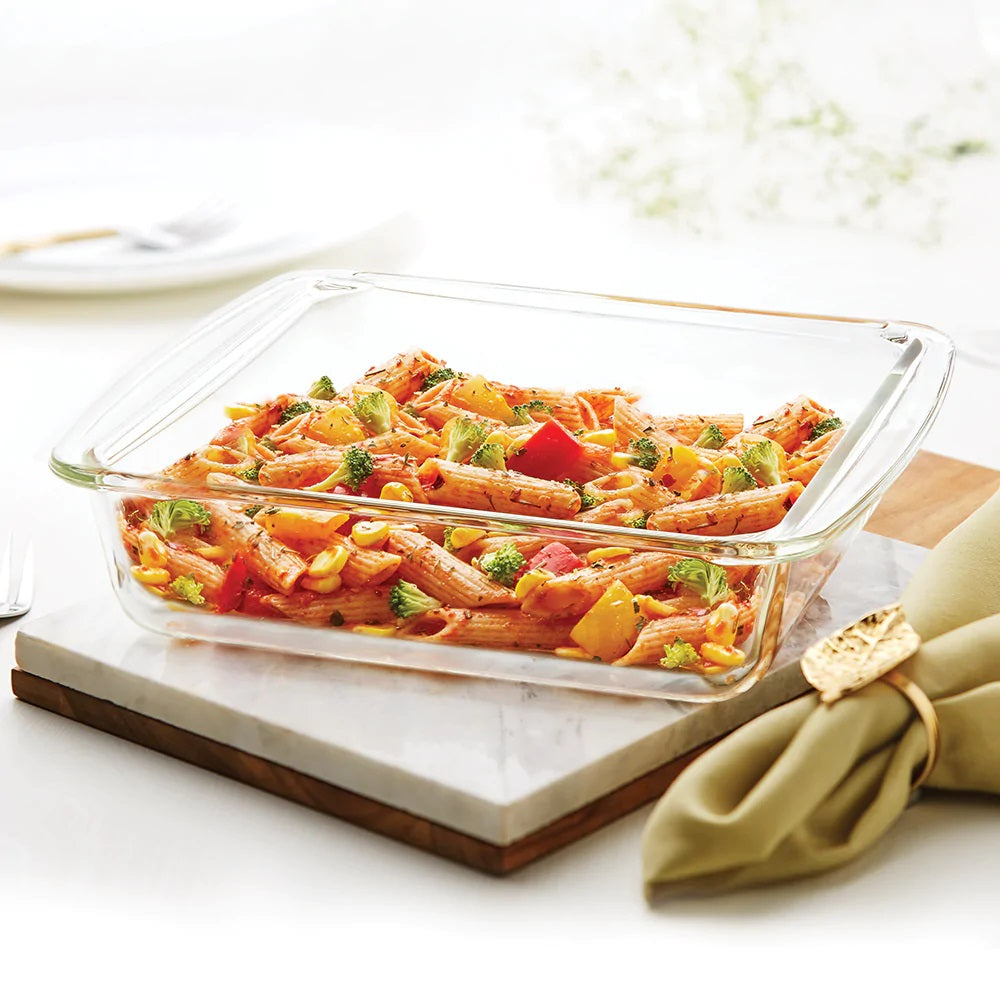 Borosil - Handle Square Dish Microwave Safe Borosilicate Glass 1.6 Ltr Transparent - Ghar Sajawat