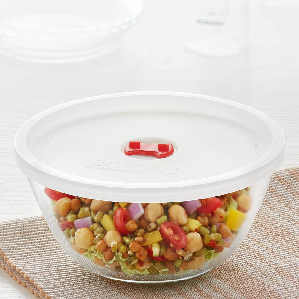 Borosil - Plastic Lid Mixing Bowl Microwave Safe Glass 1.3 Ltr Transparent - Ghar Sajawat
