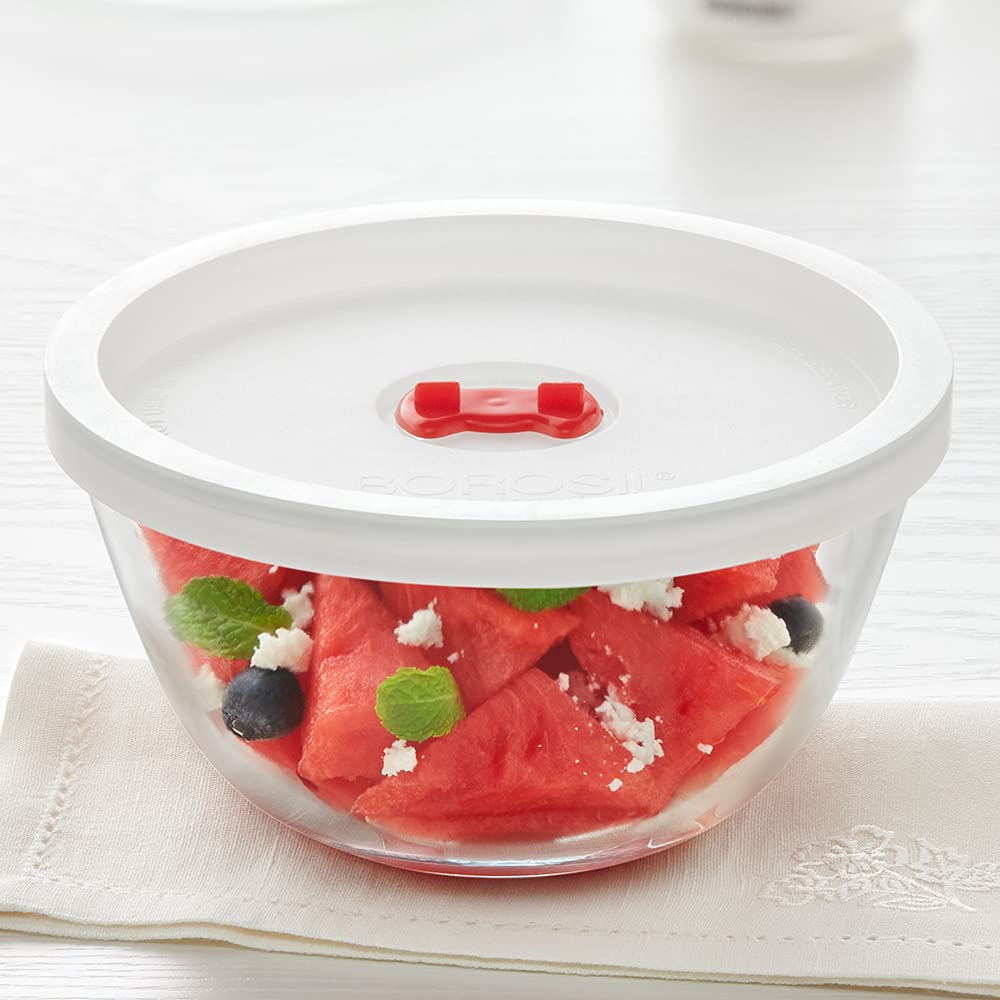 Borosil - Plastic Lid Mixing Bowl Microwave Safe Glass 0.9 Ltr Transparent - Ghar Sajawat