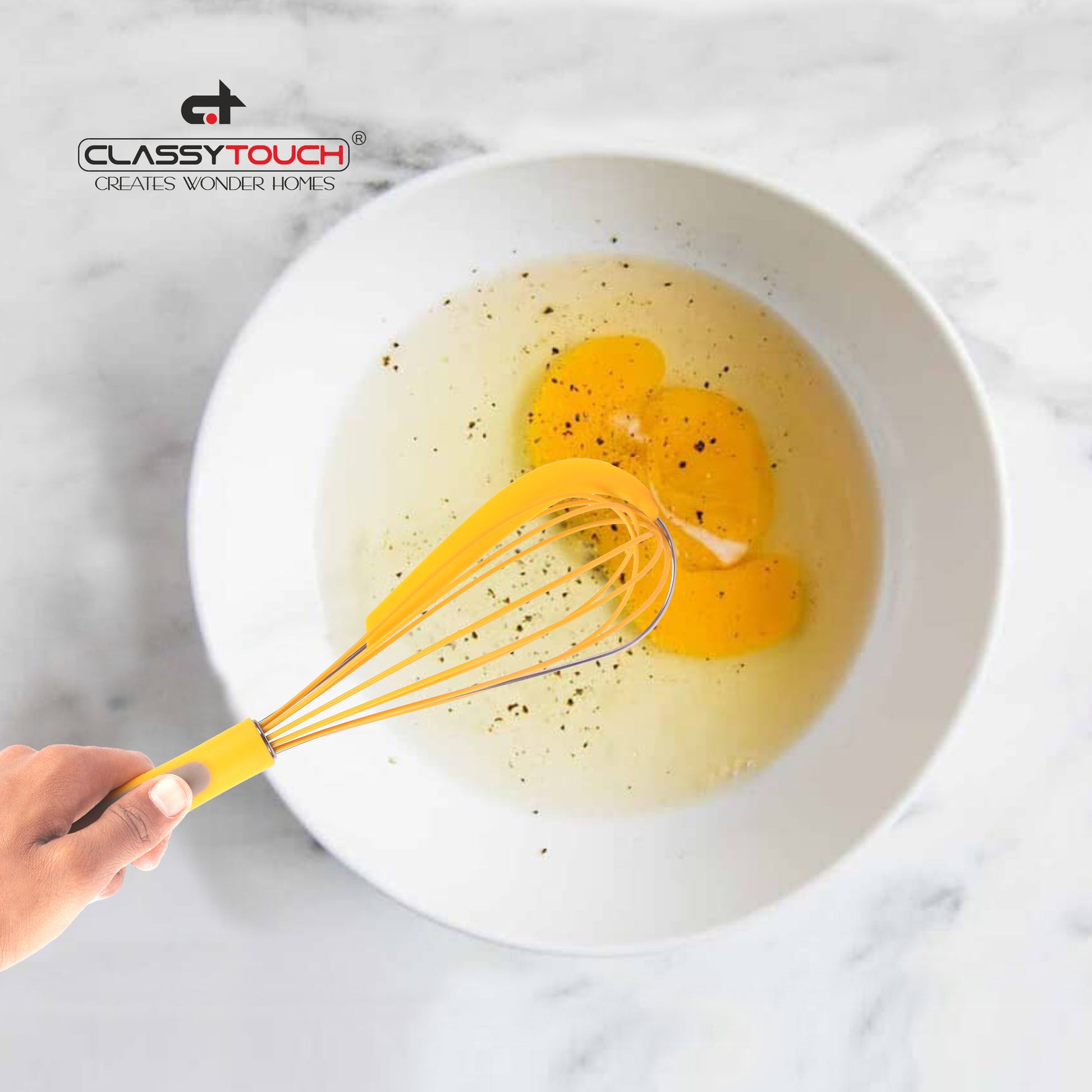 Classy Touch - Whisk Rotation Stainless Steel With Silicone Whisk Yellow - Ghar Sajawat
