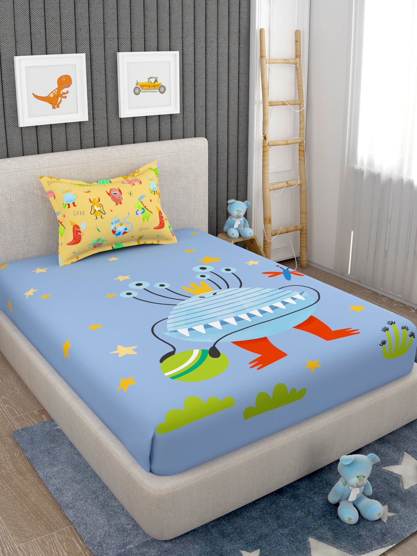 EverHome Blue Conversational Print 100%Cotton Single Bedsheet with 1 Pillow Cover (150X224 cm)