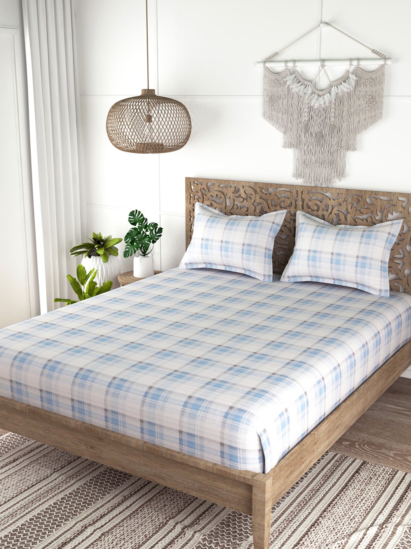 Check Print 100%Cotton Super King Bedsheet Set for Double Bed