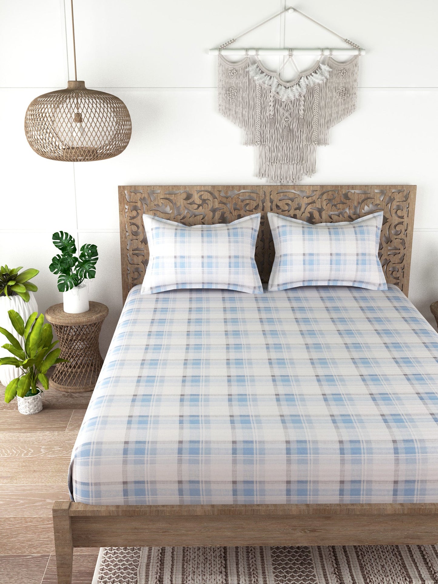 Check Print 100%Cotton Super King Bedsheet Set for Double Bed