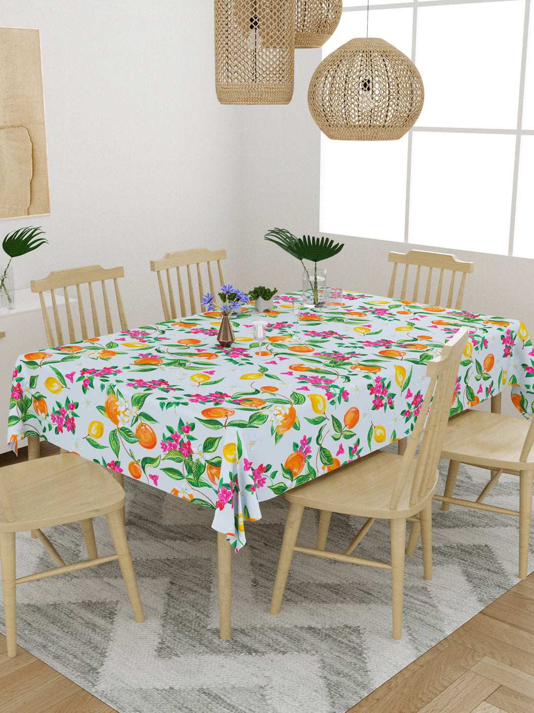 Blue Fruits and Flowers Printed 6 Seater Table Cover