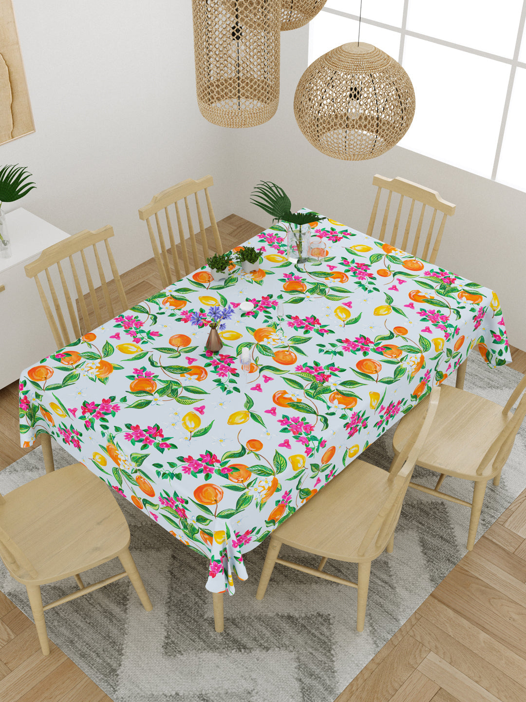Blue Fruits and Flowers Printed 6 Seater Table Cover