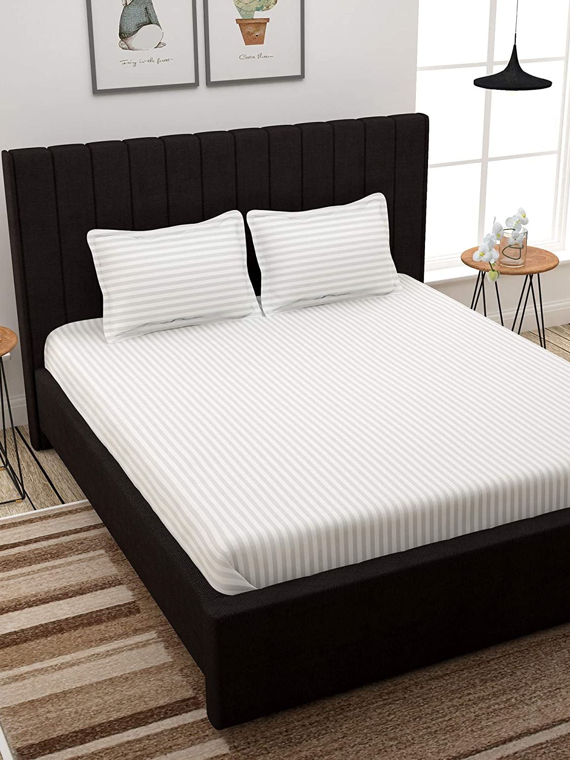 EVER HOME Cotton Satin Striped Plain Bedsheet for Double Bed