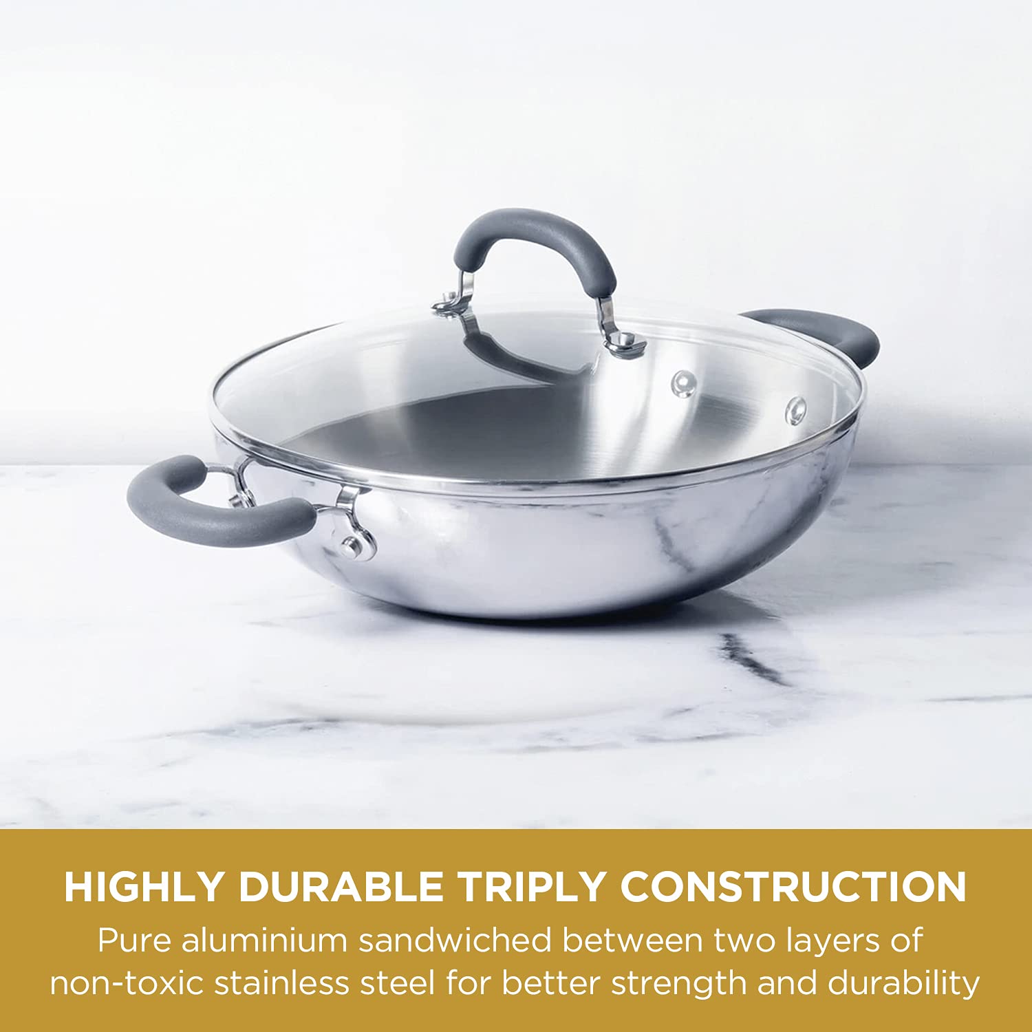 Meyer - Trivantage Kadai Triply Stainless Steel 24 Cm - 2.4 Ltr Silver - Ghar Sajawat