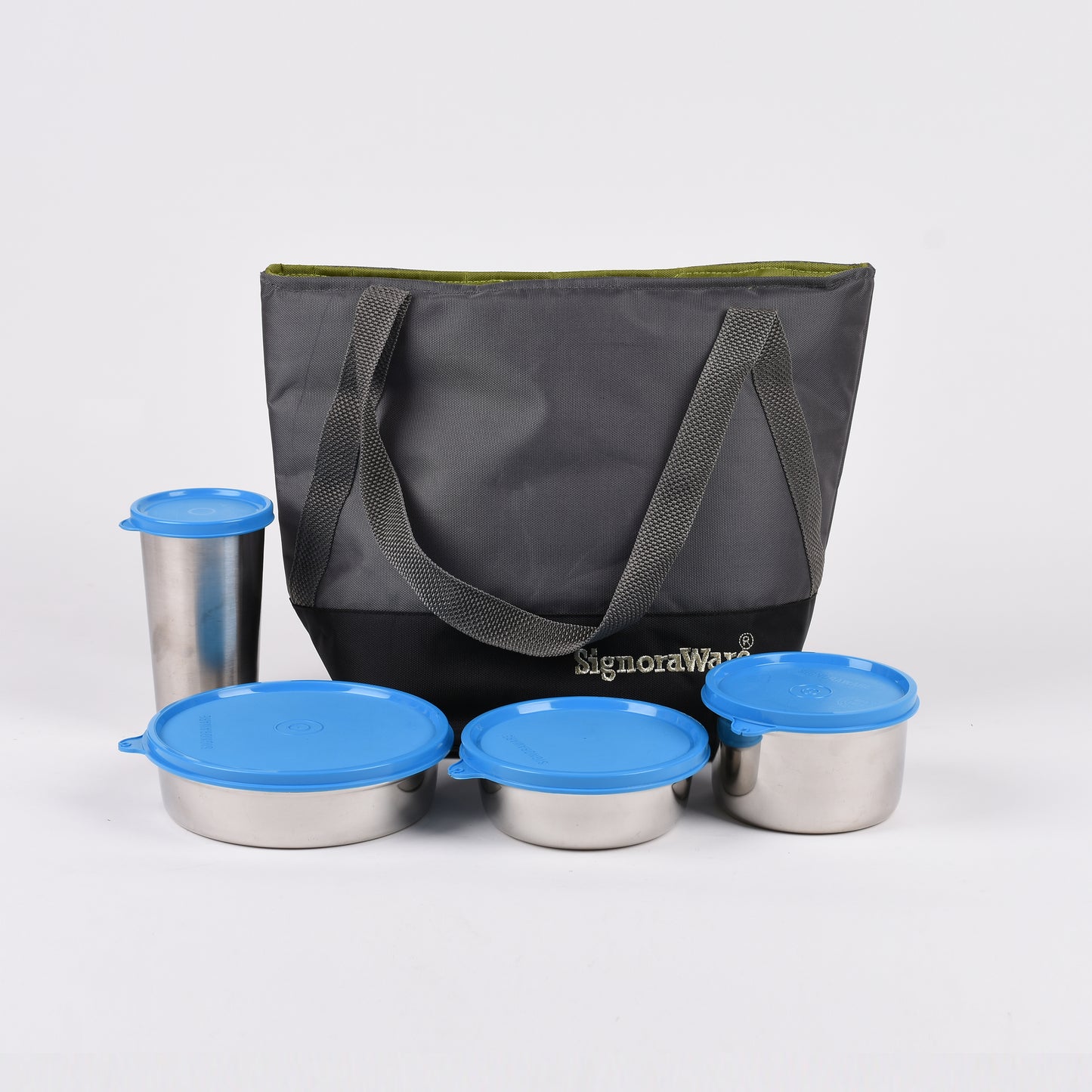Signoraware - Sling N Style Stainless Steel Lunch Box Set Of 4Pcs (1Pc-650ML+1Pc-500ML+1Pc-380ML+1Pc-Tumbler-370ML) Blue - Ghar Sajawat