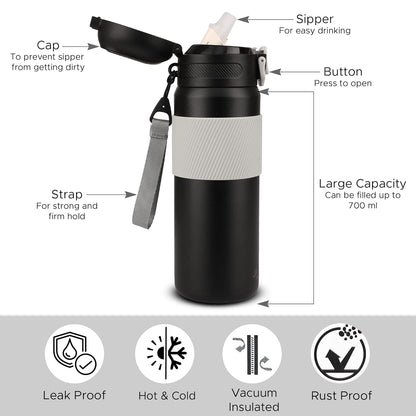 Jaypee Plus Polar 700ml Bottle  Black | Stainless Steel, Vacuum Insulated, Leak-Proof Flask