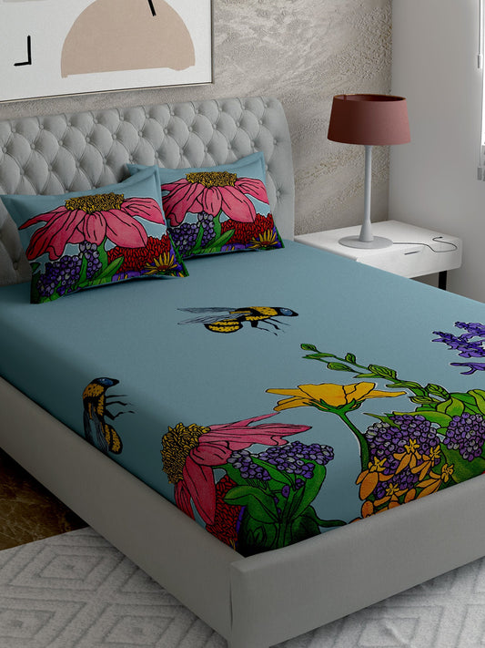 Blue Floral 100% Cotton Bedsheet Set