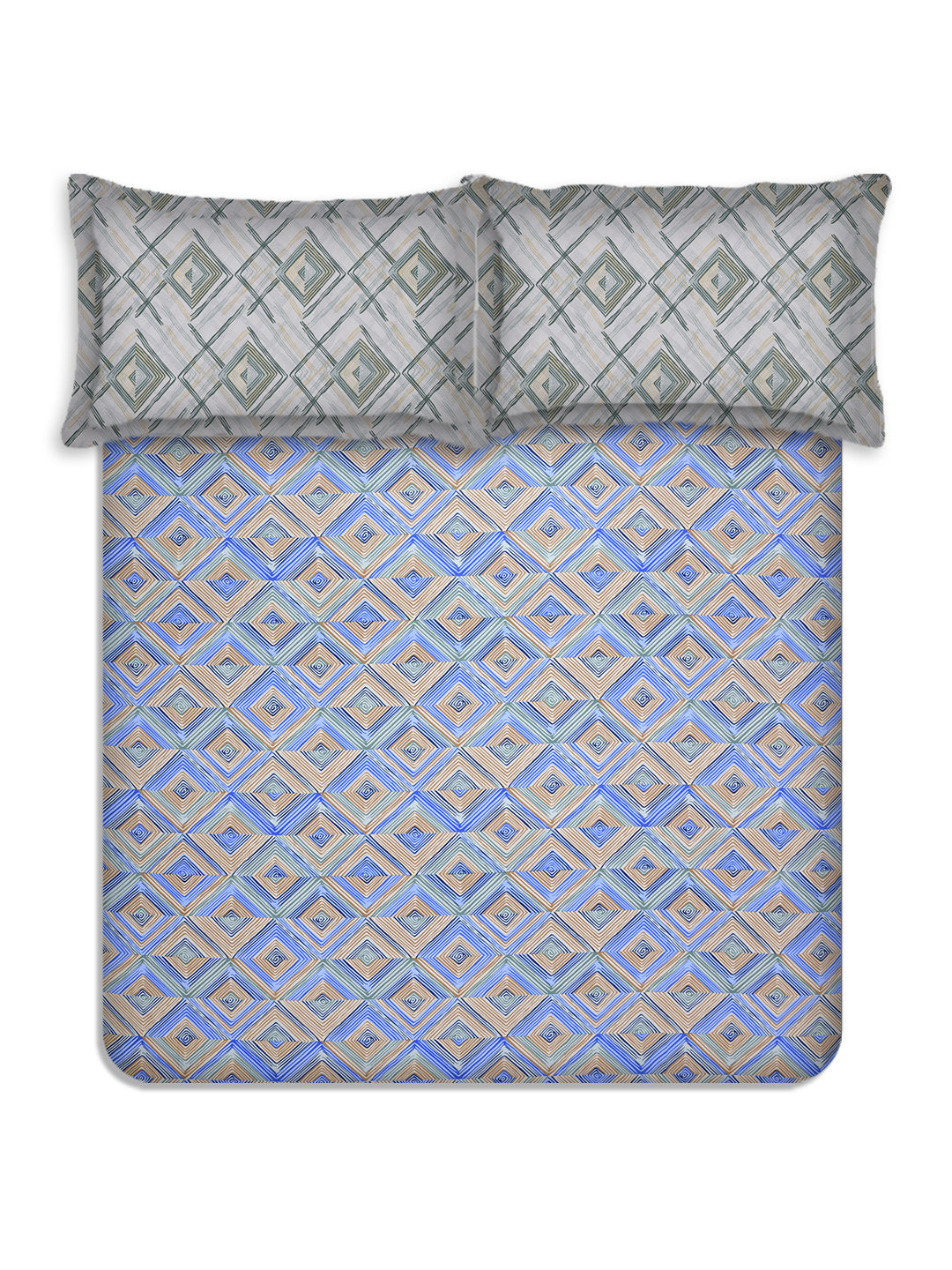 Blue & Brown Geometric Print King Size Fitted Bedsheet with 2 Pillow Covers