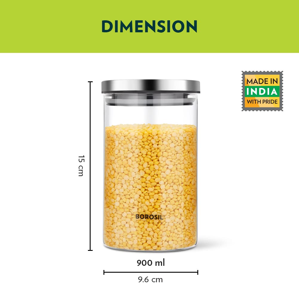 Borosil - Classic 100% Borosilicate Glass Storage Jar 1Pcs (900ML) Transparent - Ghar Sajawat