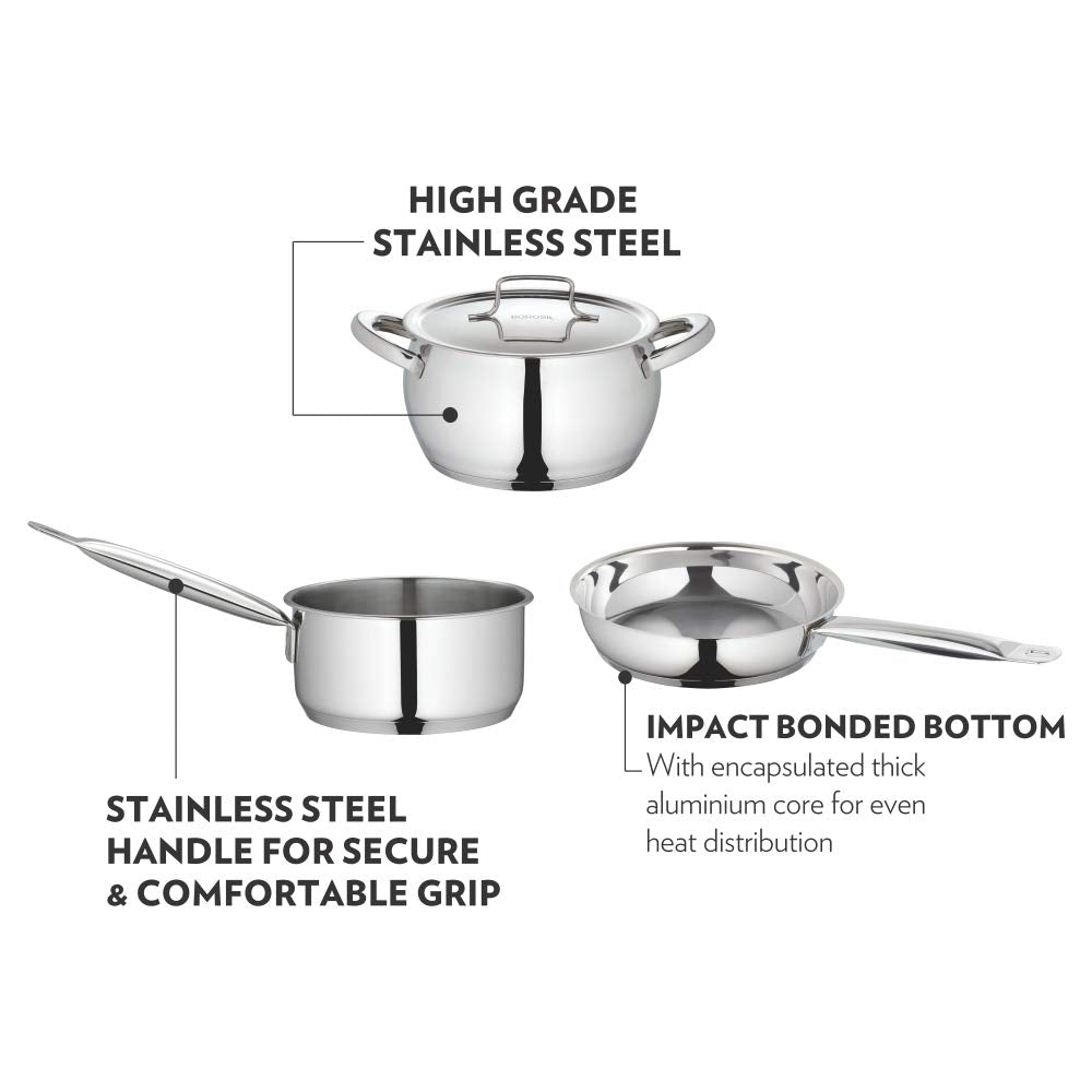 Borosil - Cookfresh Kadai Bottom TriPly Stainless Steel 20 Cm - 1.8 Ltr Silver - Ghar Sajawat