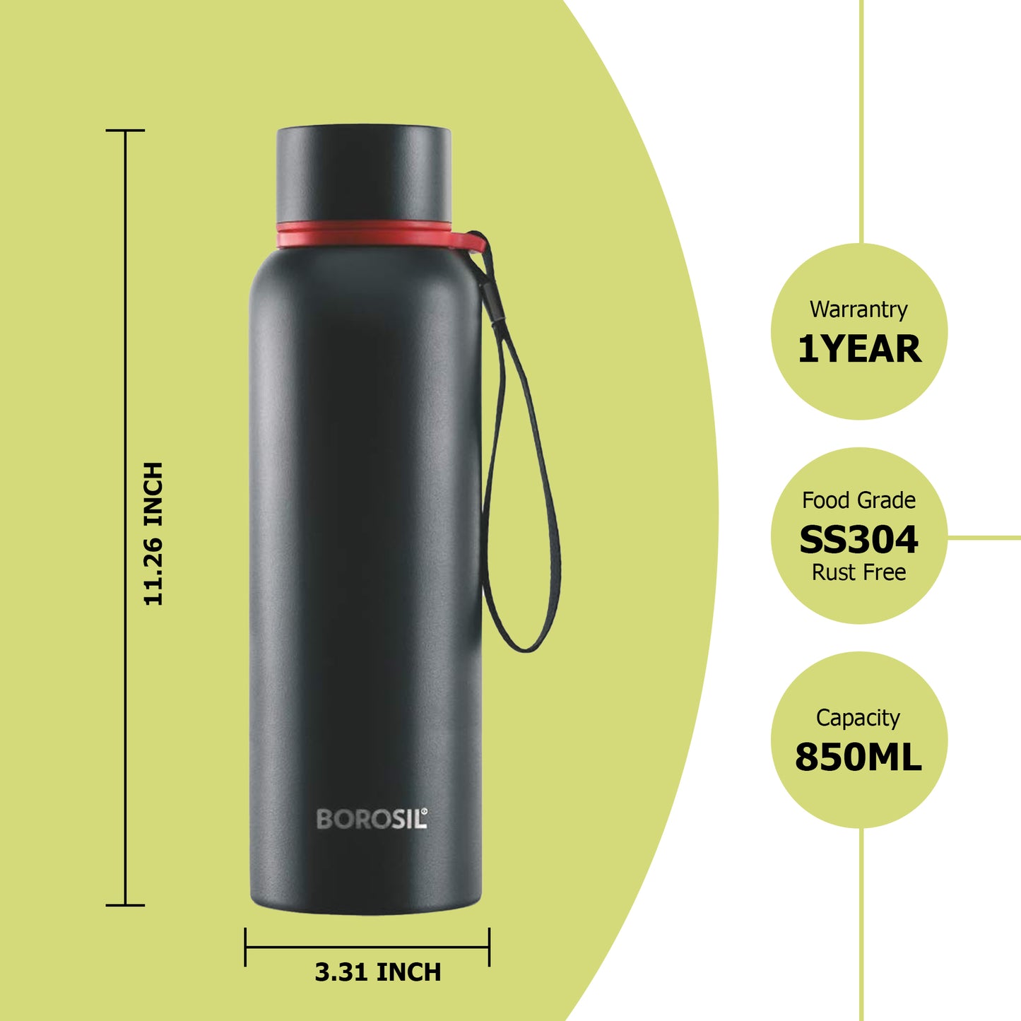 Borosil - Hydra Trek Thermosteel Bottle 850ML Black - Ghar Sajawat