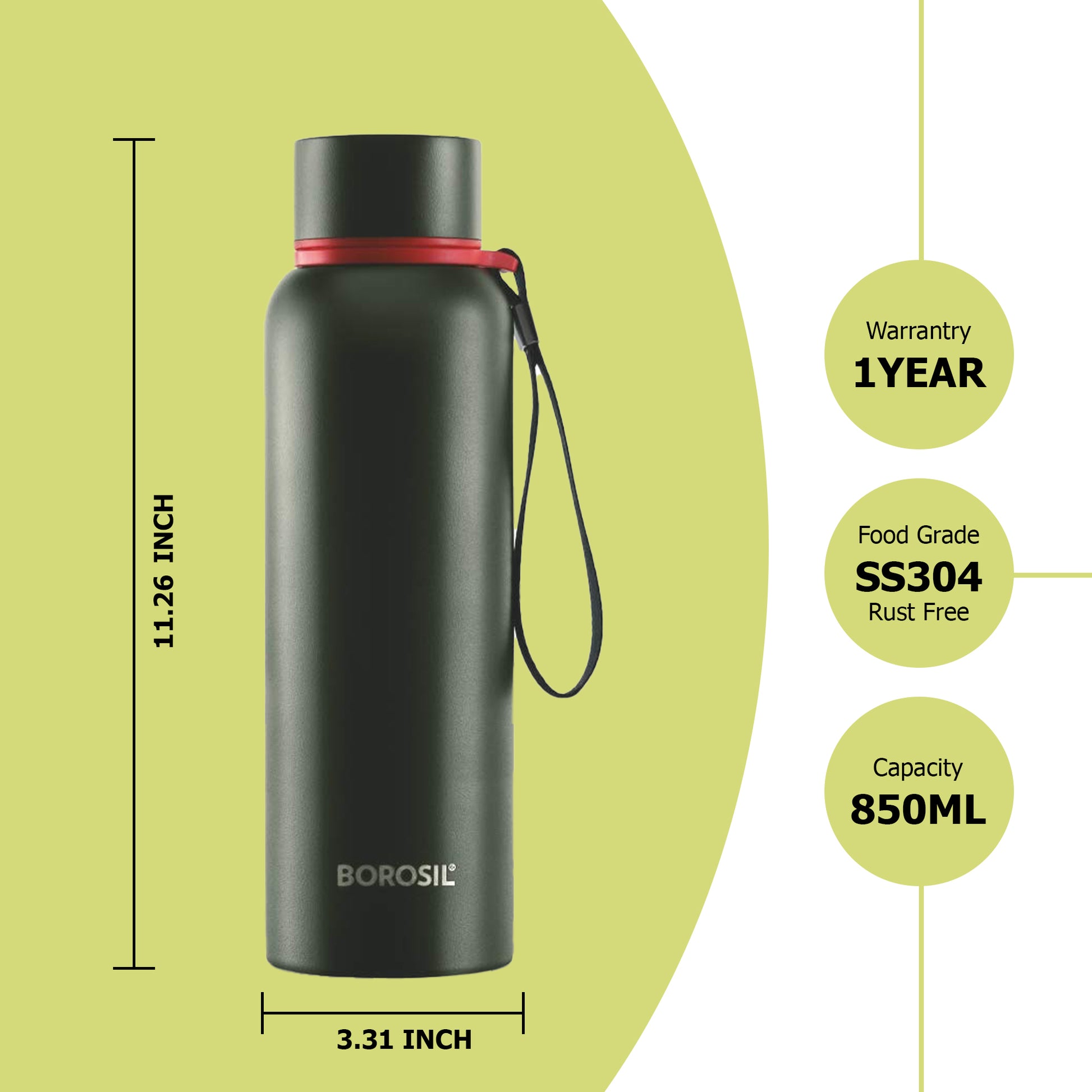 Borosil - Hydra Trek Thermosteel Bottle 850ML Green - Ghar Sajawat