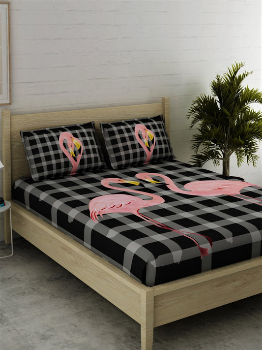 Pink Flamingo Printed 100% Cotton Super King Bedsheet Set