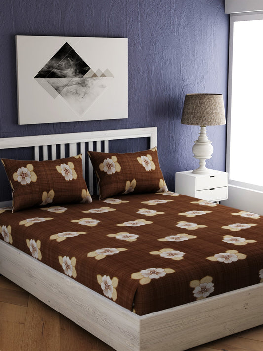 Brown Floral Print 100% Cotton Bedsheet