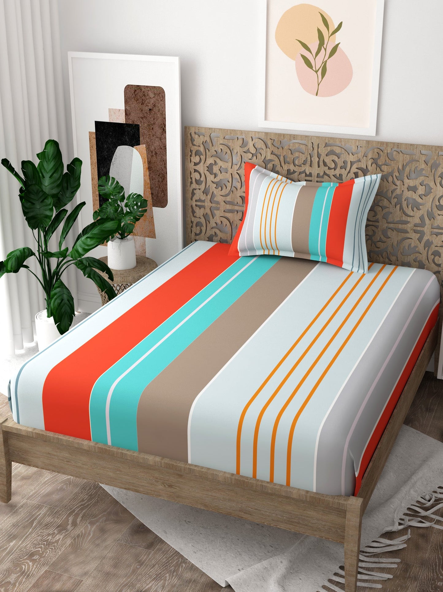 Blue and Orange Stripes Print Pure Cotton Single Bedsheet with 1 Pillow Cover