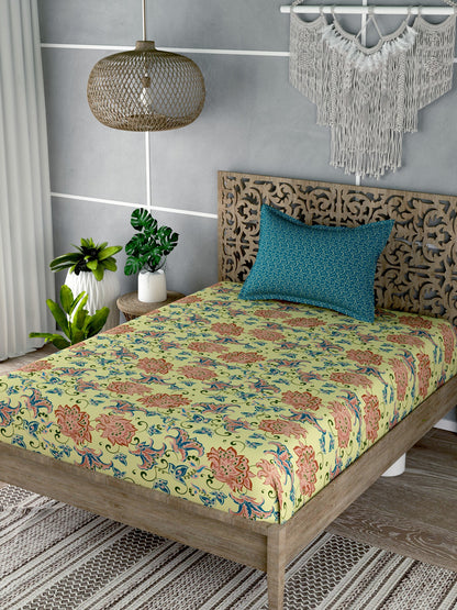 Yellow Floral Print Single Bedsheet with 1 Pillow Cover