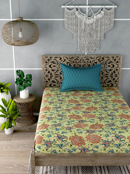 Yellow Floral Print Single Bedsheet with 1 Pillow Cover