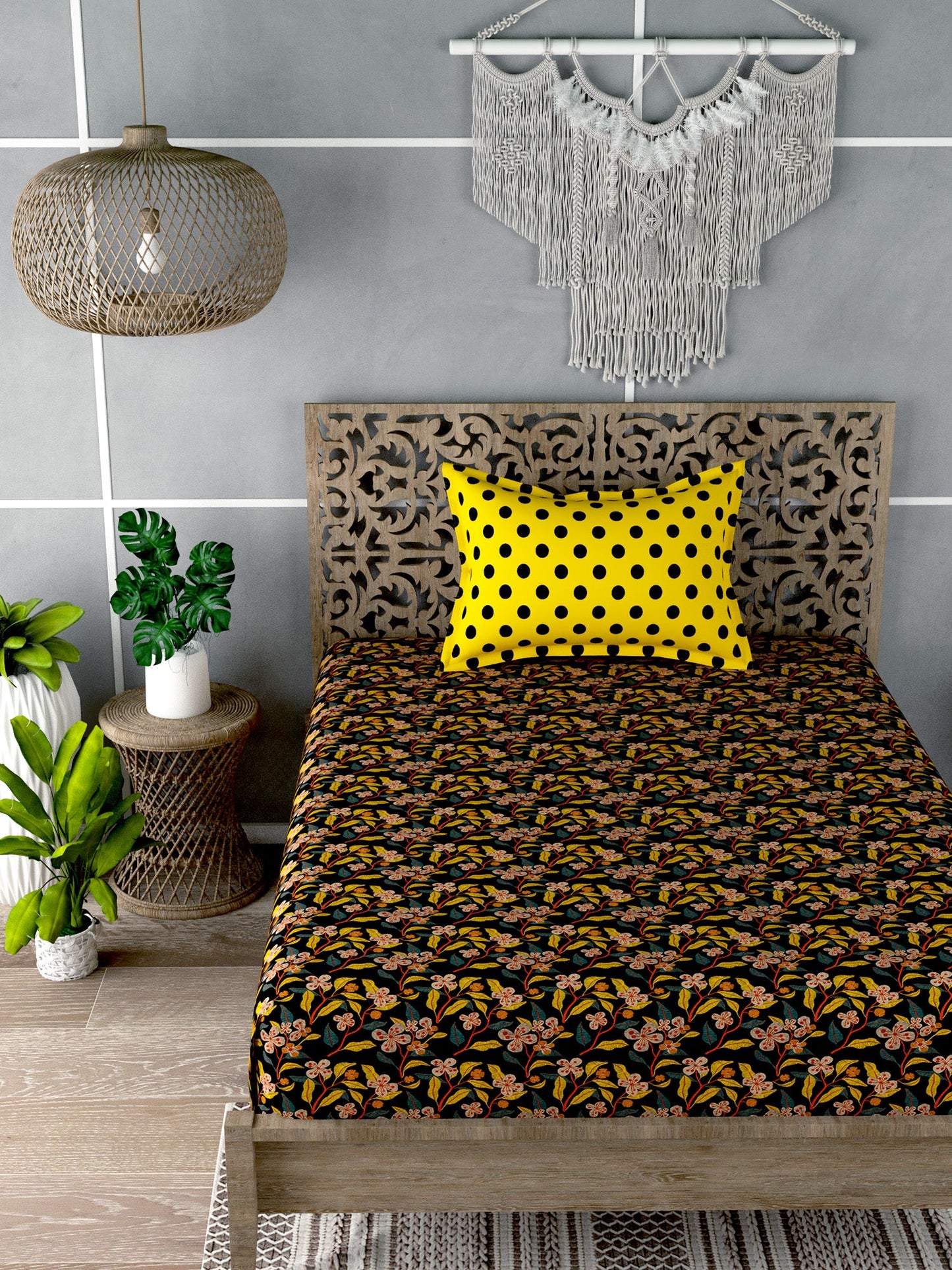 Black&Yellow Floral Print Single Bedsheet with 1 Pillow Cover