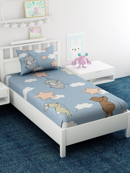 Kids Elephant Printed 100% Cotton Single Bedsheet Set