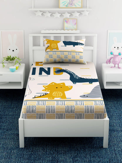 Kids Dinosaur Printed 100% Cotton Single Bedsheet Set