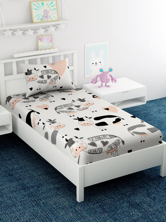 Kids Cow Printed 100% Cotton Single Bedsheet Set