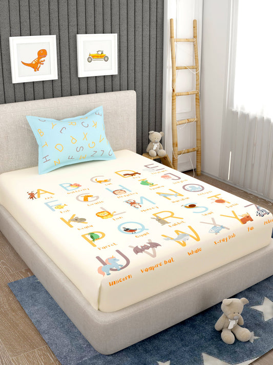 EverHome Cream Conversational Print 100%Cotton Single Bedsheet with 1 Pillow Cover (150X224 cm)
