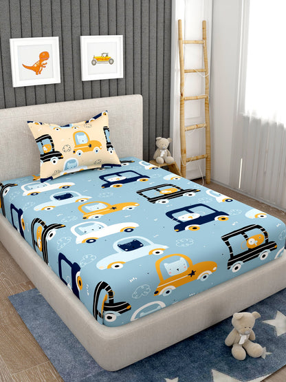 EverHome Blue Conversational Print 100%Cotton Single Bedsheet with 1 Pillow Cover (150X224 cm)