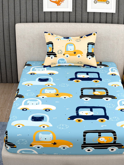 EverHome Blue Conversational Print 100%Cotton Single Bedsheet with 1 Pillow Cover (150X224 cm)