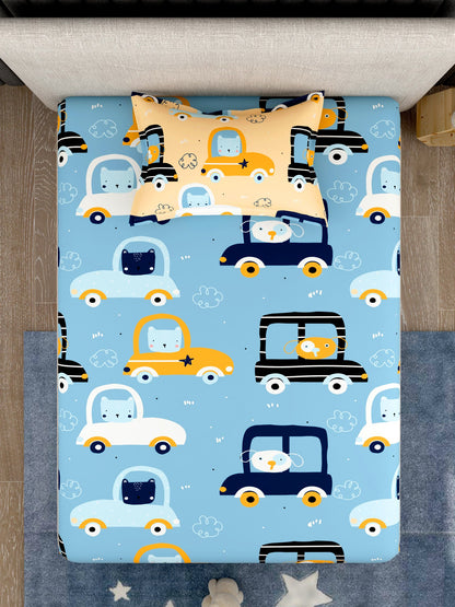 EverHome Blue Conversational Print 100%Cotton Single Bedsheet with 1 Pillow Cover (150X224 cm)