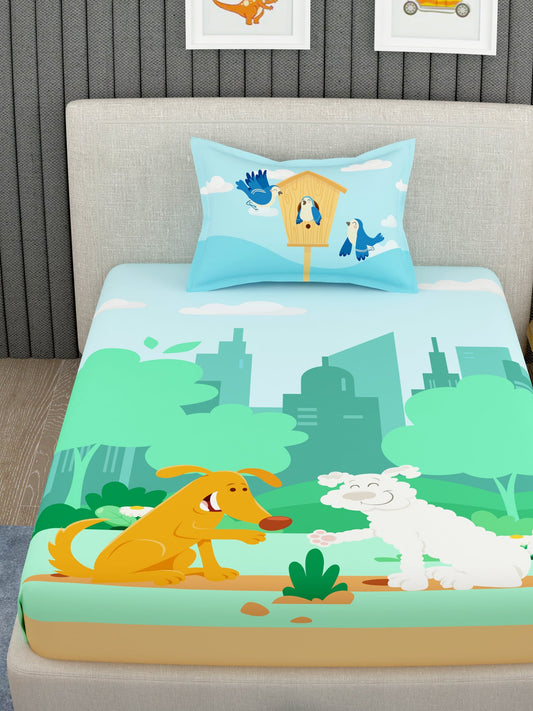 EverHome Blue Animal Print 100%Cotton Single Bedsheet with 1 Pillow Cover (150X224 cm)