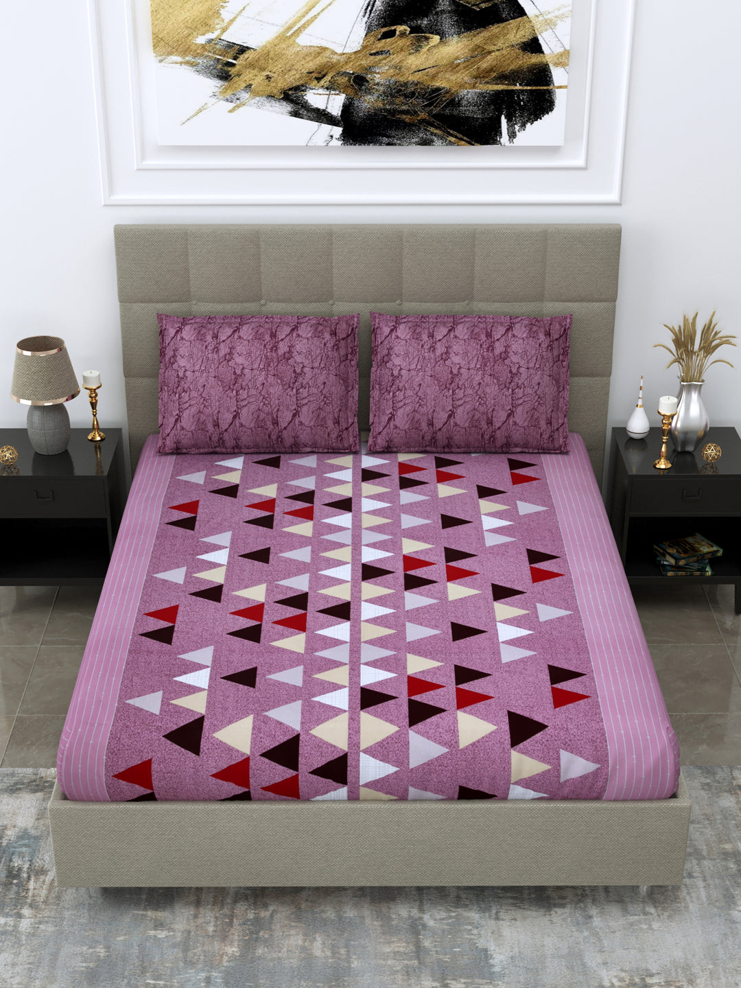 Pink & White Geometric Print King Size Fitted Bedsheet with 2 Pillow Covers