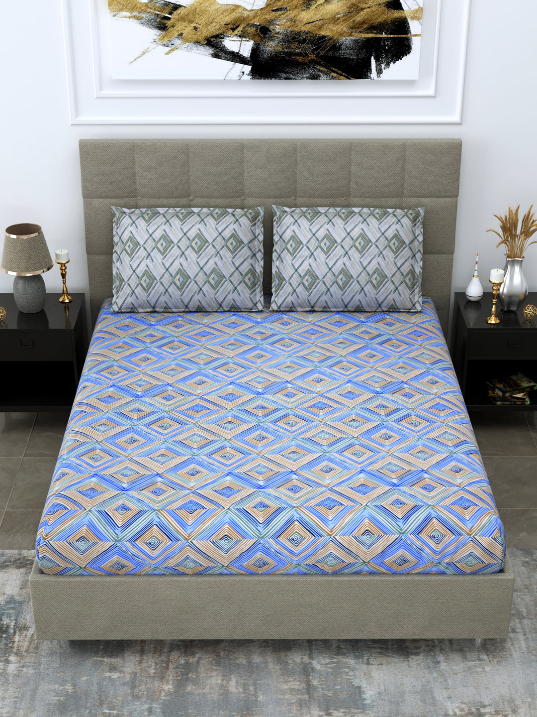 Blue & Brown Geometric Print King Size Fitted Bedsheet with 2 Pillow Covers