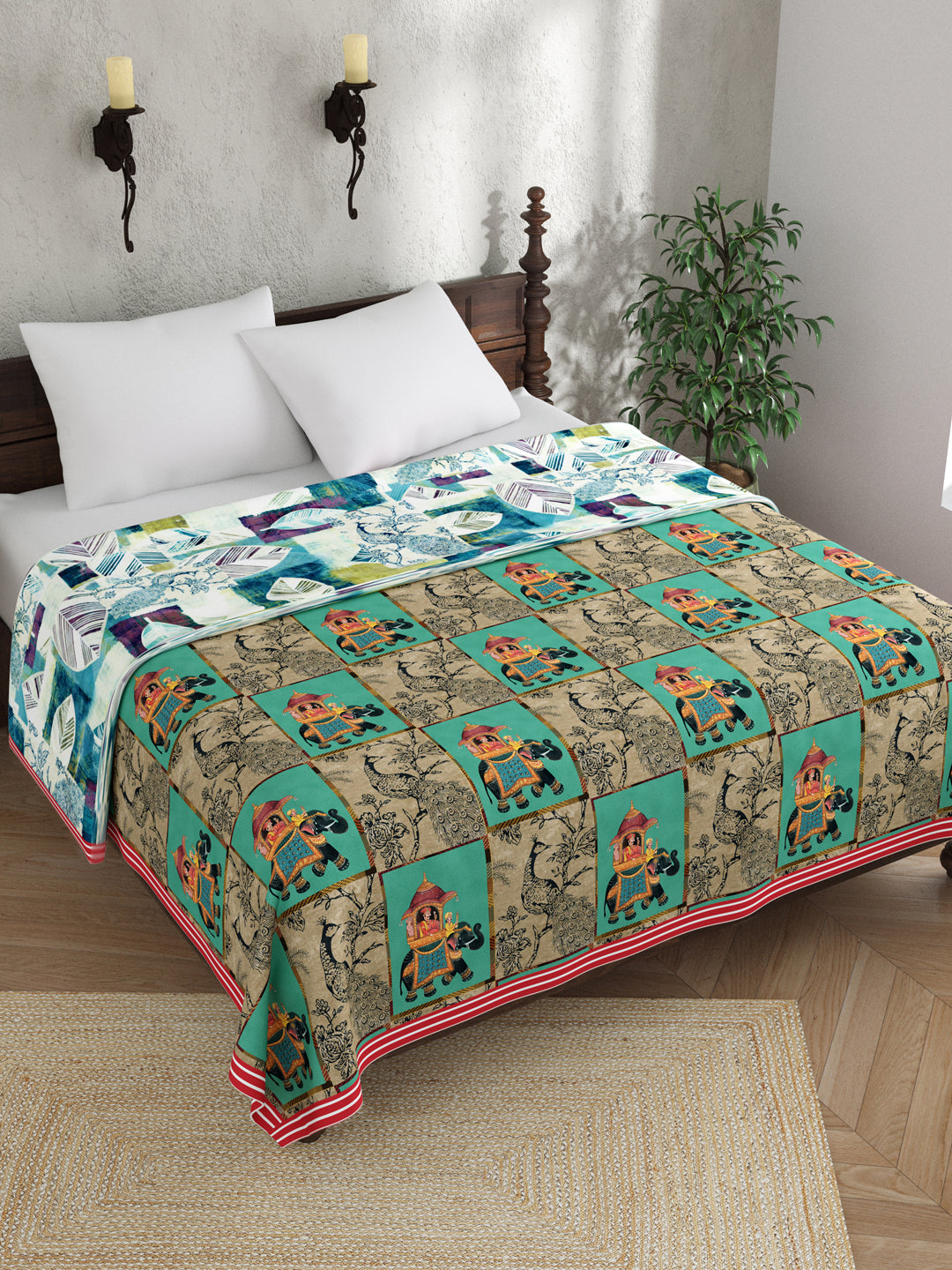 Blue & Beige Colour Ethnic Motif AC Room 120 GSM Double Bed Dohar