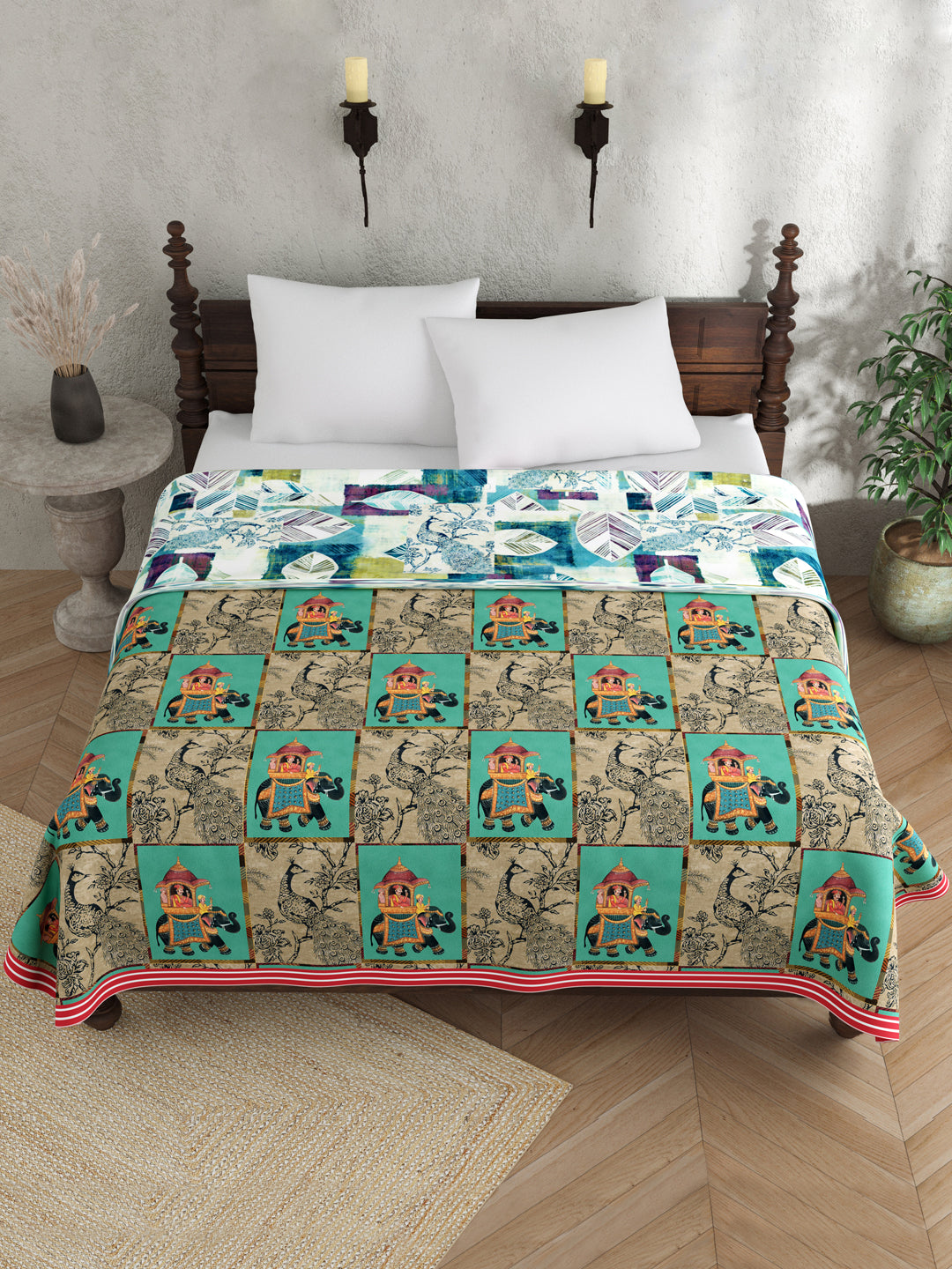 Blue & Beige Colour Ethnic Motif AC Room 120 GSM Double Bed Dohar