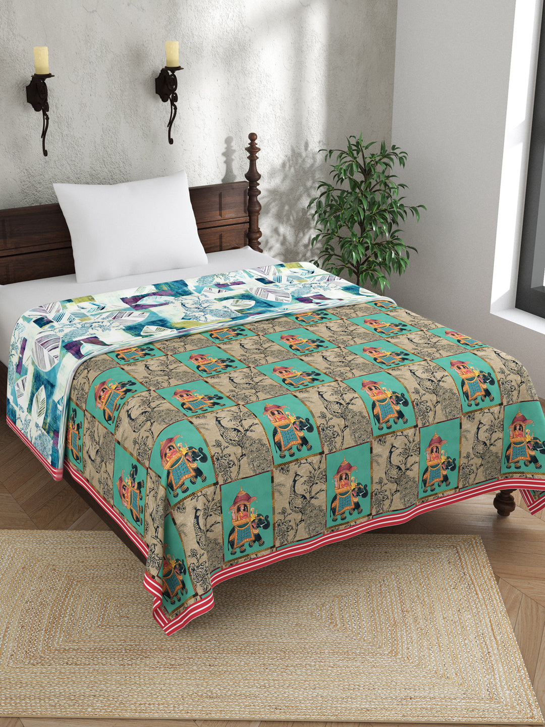 Blue & Beige Color Ethnic Motifs AC Room 120 GSM Single Bed Dohar