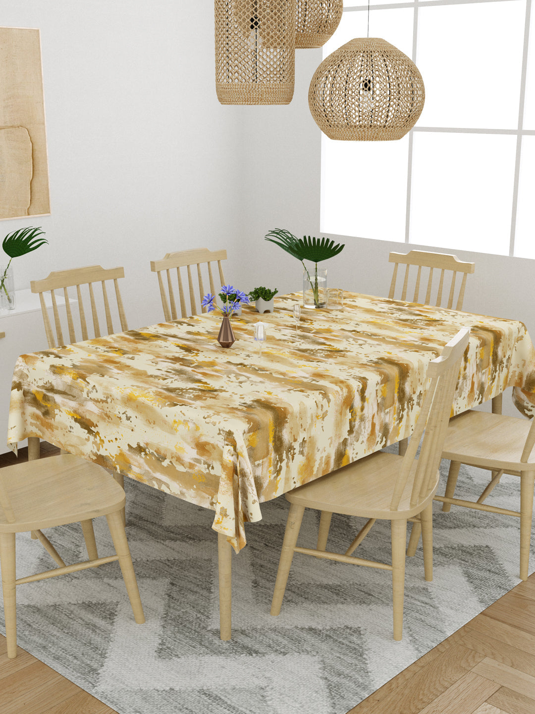 Yellow and Brown Abstract Print 6 Seater Table Cover