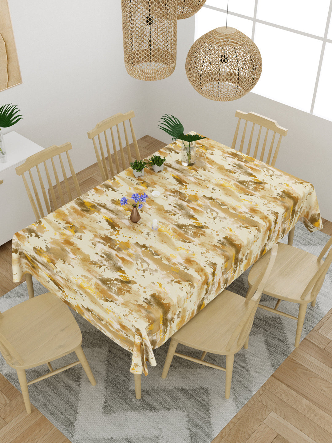 Yellow and Brown Abstract Print 6 Seater Table Cover