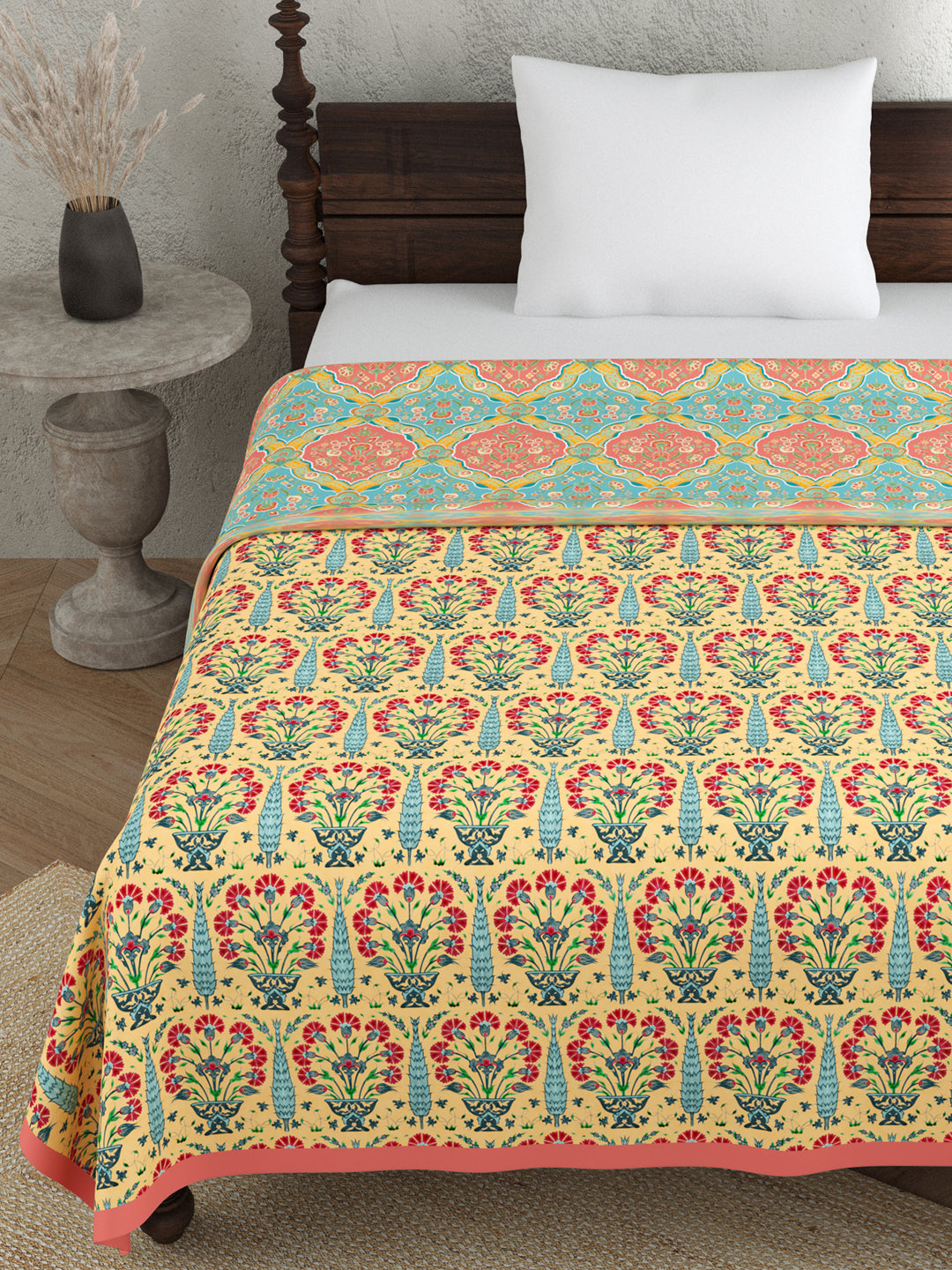 Blue & Yellow Ethnic Motifs AC Room 120 GSM Single Bed Dohar