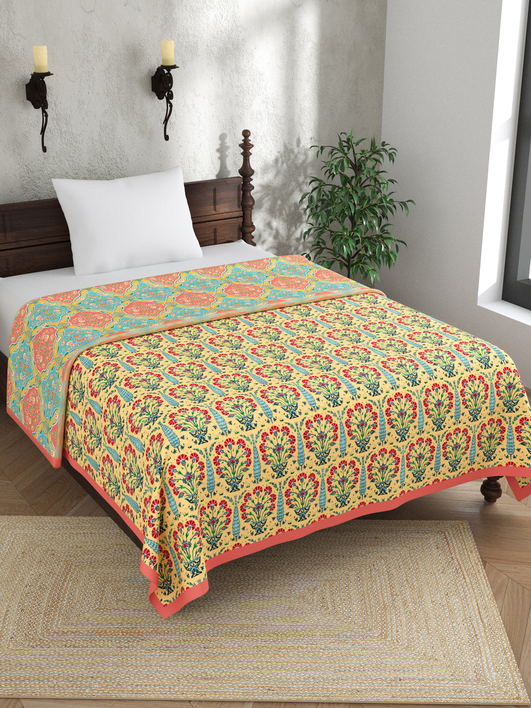 Blue & Yellow Ethnic Motifs AC Room 120 GSM Single Bed Dohar