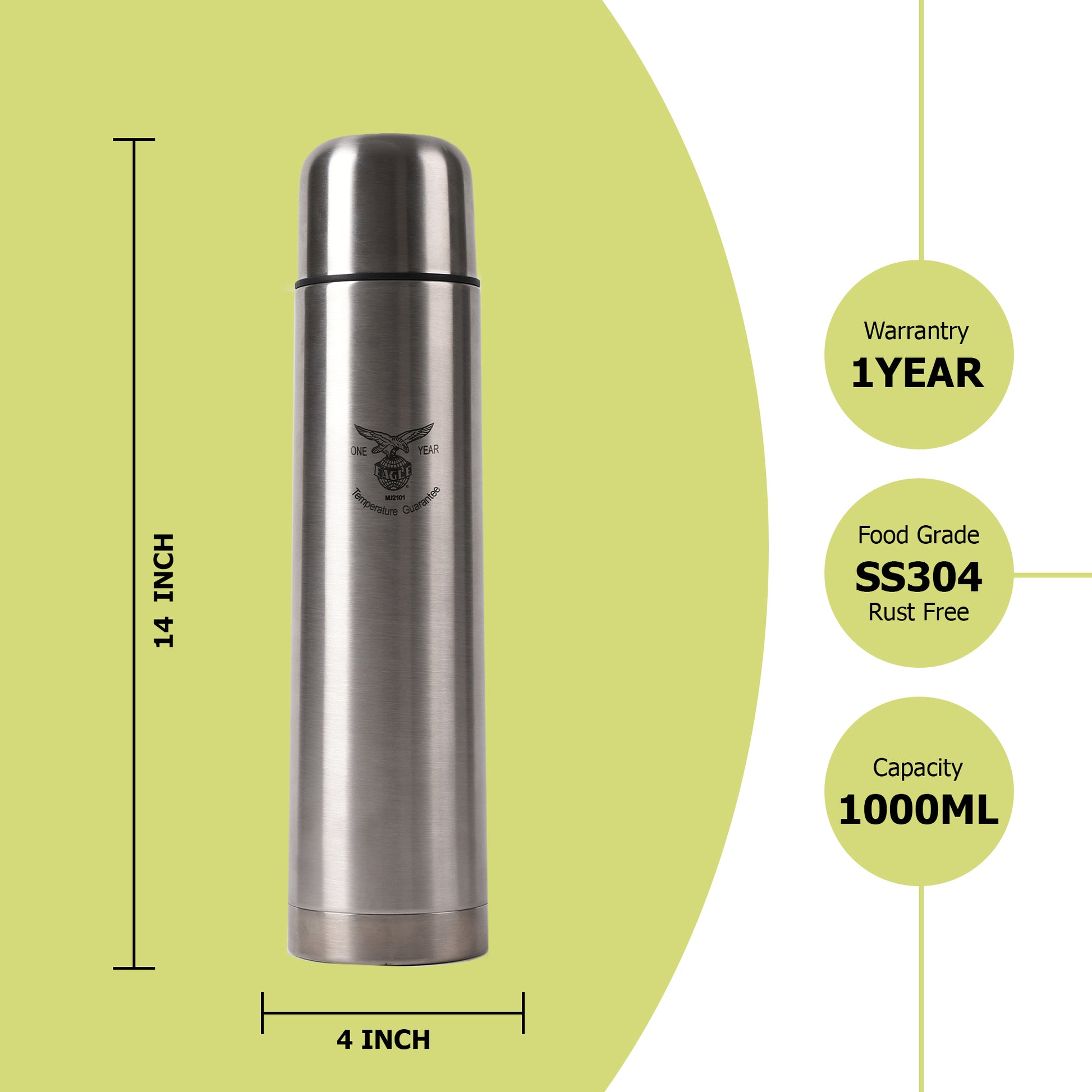 Eagle - Steel Eco Thermosteel Flask 1000ML Silver - Ghar Sajawat