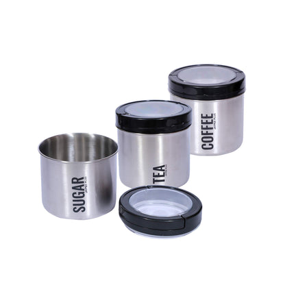 Jaypee Plus - Morning 3 Delight Stainless Steel Storage Tea, Sugar & Coffee Container Set Of 3Pcs (600ML) Black - Ghar Sajawat