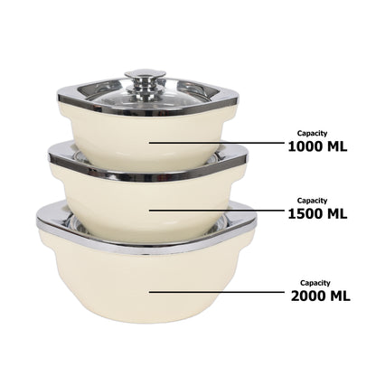 Jaypee Plus - Vista Stainless Steel Casserole Set Of 3Pcs (1000ML+1500ML+2000ML) Ivory - Ghar Sajawat
