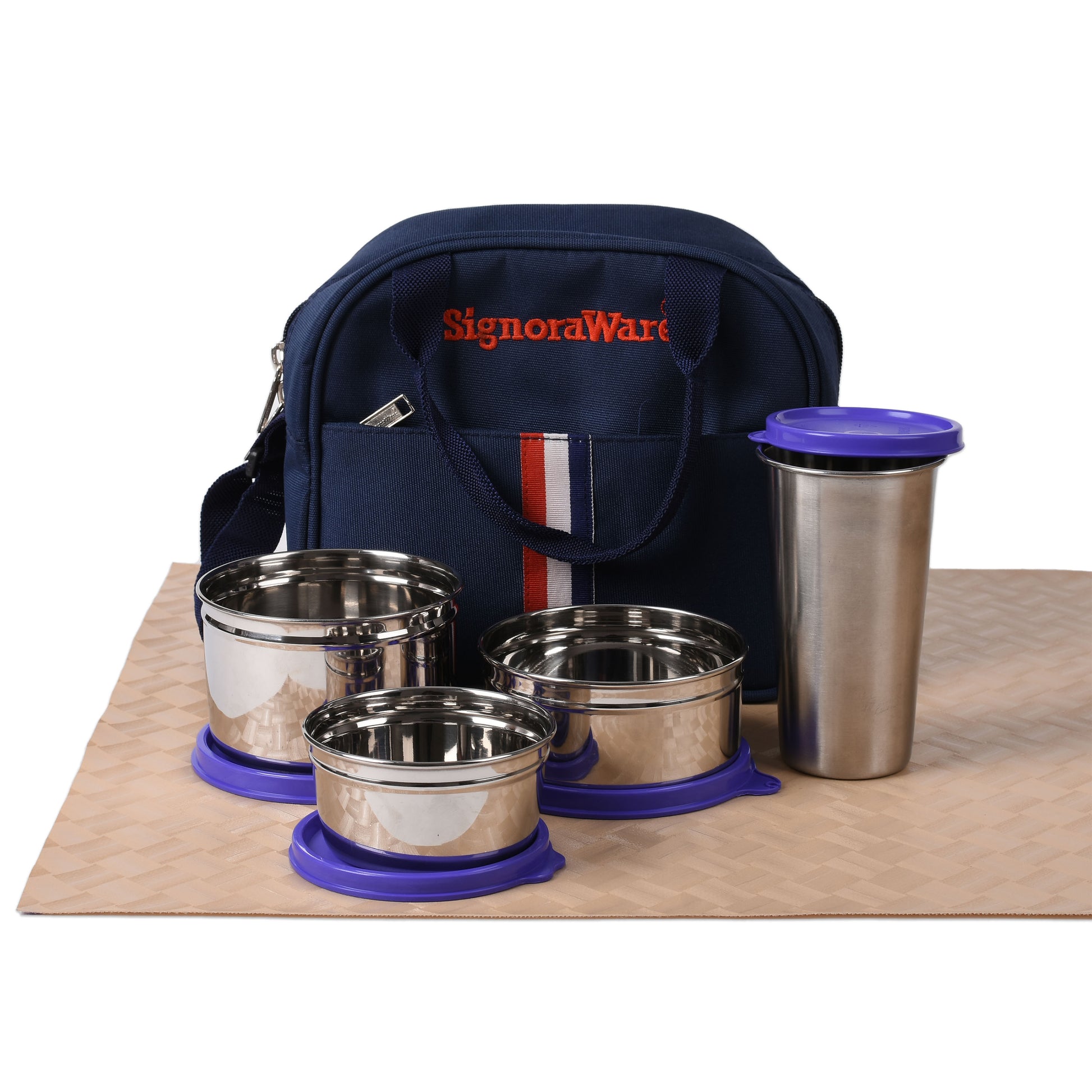 Signoraware - Stylish Steel Stainless Steel Lunch Box Set Of 4Pcs (1Pc-500ML+1Pc-350ML+Pc-250ML+Tumbler 1Pc-370Ml) Blue - Ghar Sajawat