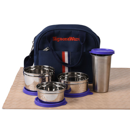 Signoraware - Stylish Steel Stainless Steel Lunch Box Set Of 4Pcs (1Pc-500ML+1Pc-350ML+Pc-250ML+Tumbler 1Pc-370Ml) Blue - Ghar Sajawat
