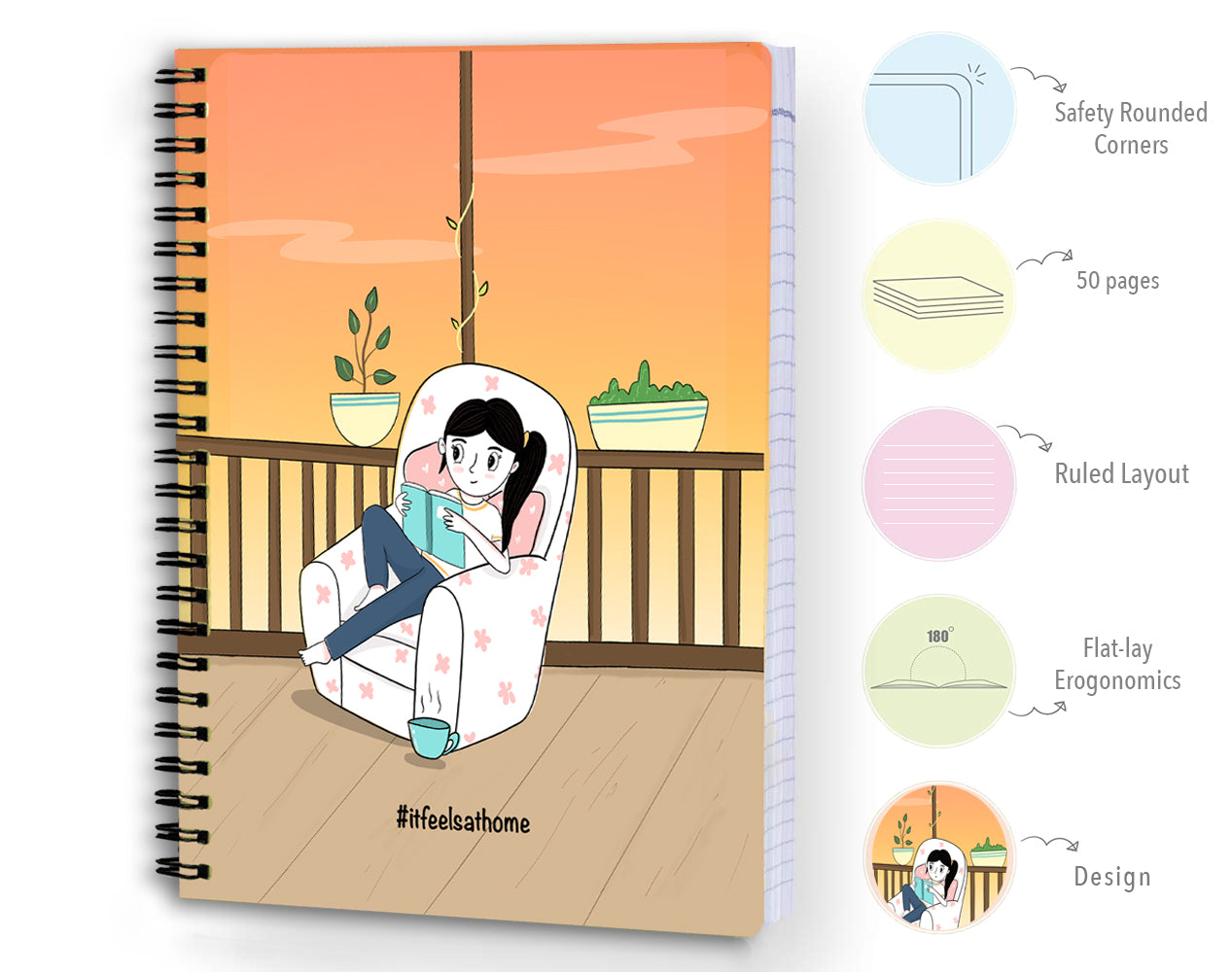 It Feels at Home Doodle Printed Diary Ruled - Spiral | A5 Size | Size: 8.5 X 6 inches | 100 Pages