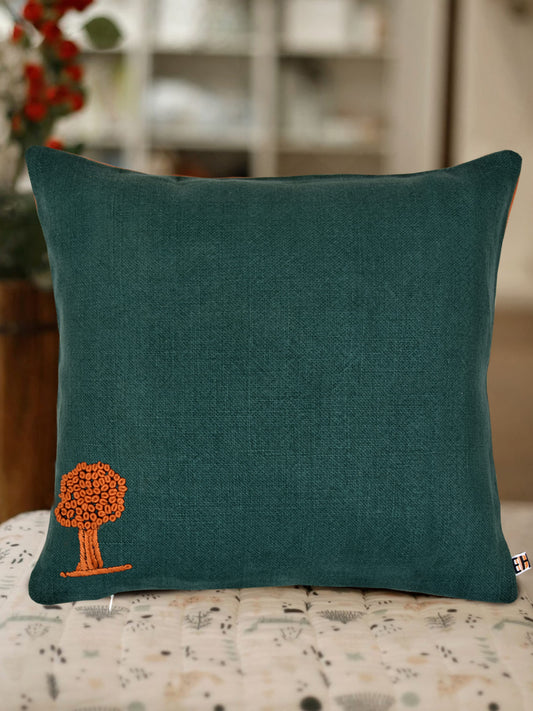 Green and Orange Hemp Tree Hand Embroidered Cushion Cover