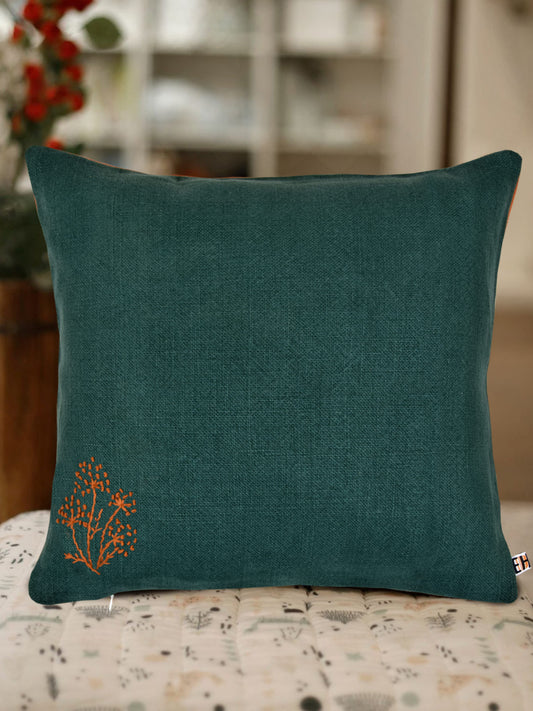 Green and Orange Hemp Floral Hand Embroidered Cushion Cover